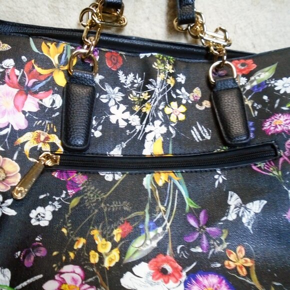 Black Floral Tote Bag in Vegan Leather, Large Purse, Dasein Copy - Picture 2 of 10